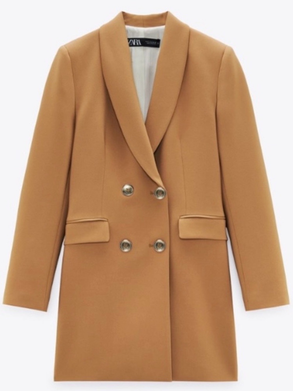 Brand New Zara Camel Brown Double Breasted Gold Button Blazer Jacket Size Medium
